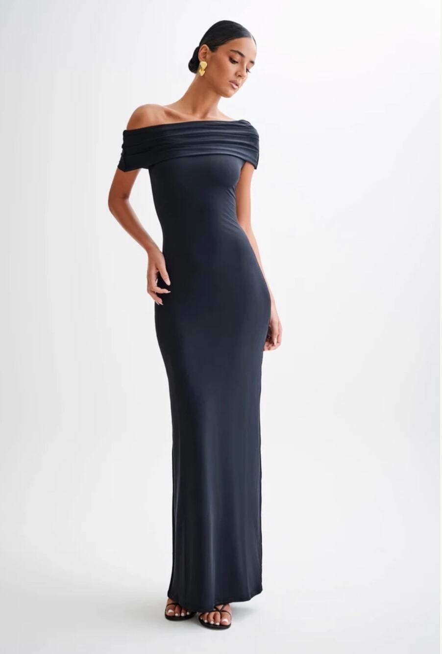 Meshki Cassandra Off Shoulder Slinky Maxi Dress - Black